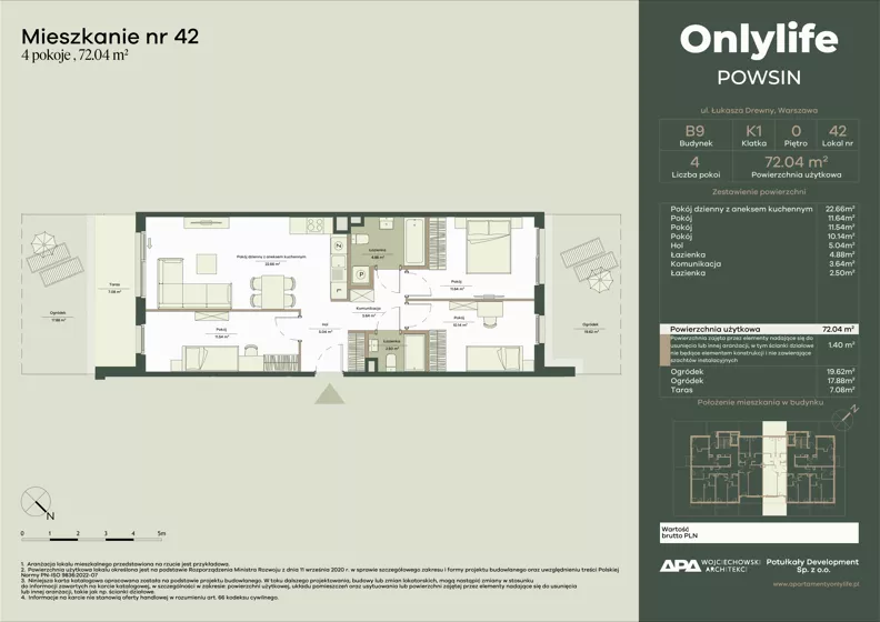 4 pokoje, mieszkanie 72,04 m², parter, oferta nr B9/42, Apartamenty Onlylife, Warszawa, Wilanów, Powsin, ul. Łukasza Drewny/Potułkały