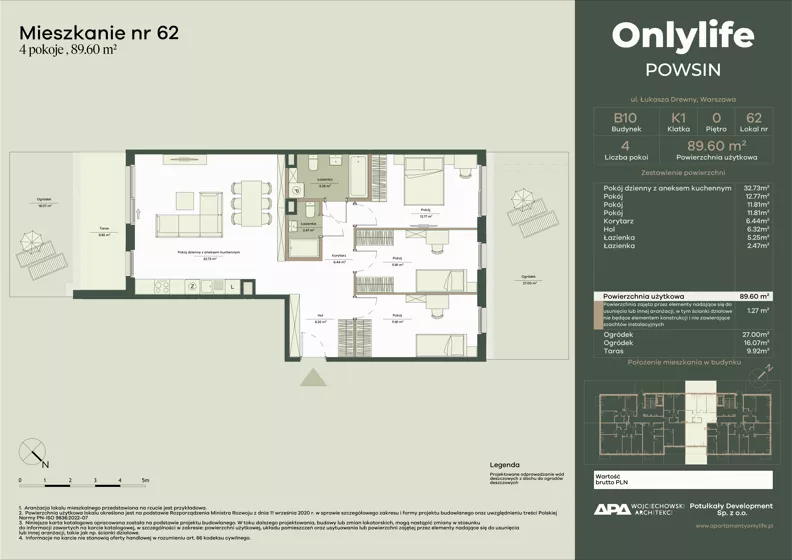 4 pokoje, mieszkanie 89,60 m², parter, oferta nr B10/62, Apartamenty Onlylife, Warszawa, Wilanów, Powsin, ul. Łukasza Drewny/Potułkały