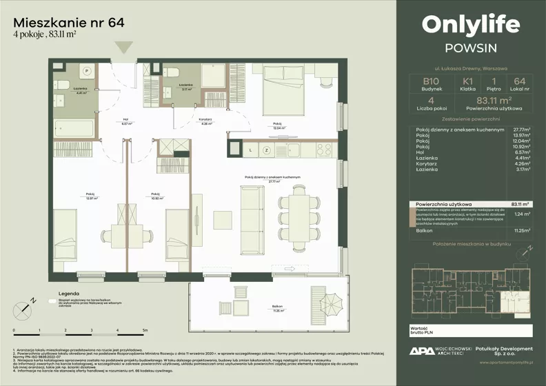 4 pokoje, mieszkanie 83,11 m², piętro 1, oferta nr B10/64, Apartamenty Onlylife, Warszawa, Wilanów, Powsin, ul. Łukasza Drewny/Potułkały