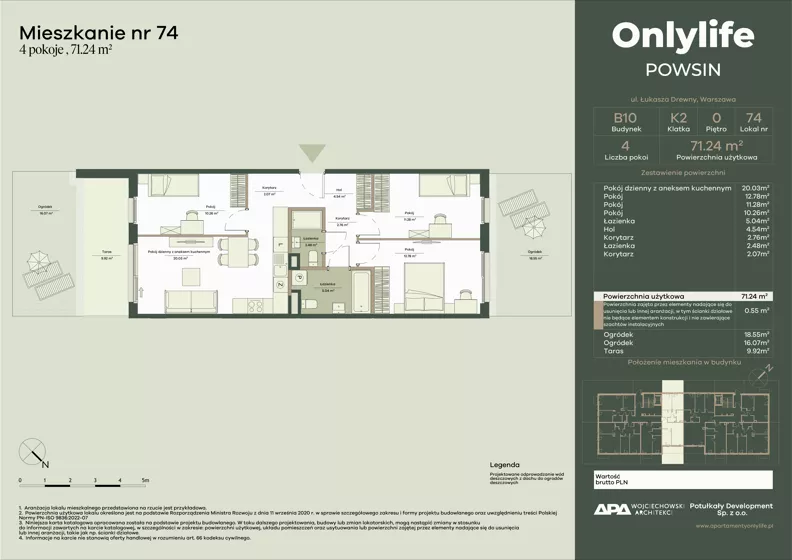 4 pokoje, mieszkanie 71,24 m², parter, oferta nr B10/74, Apartamenty Onlylife, Warszawa, Wilanów, Powsin, ul. Łukasza Drewny/Potułkały