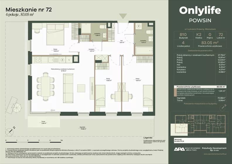 4 pokoje, mieszkanie 83,05 m², parter, oferta nr B10/72, Apartamenty Onlylife, Warszawa, Wilanów, Powsin, ul. Łukasza Drewny/Potułkały