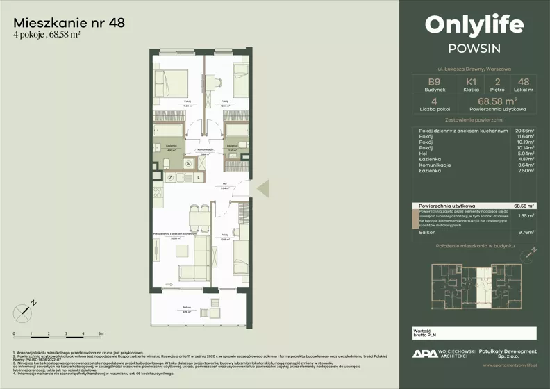 4 pokoje, mieszkanie 68,58 m², piętro 2, oferta nr B9/48, Apartamenty Onlylife, Warszawa, Wilanów, Powsin, ul. Łukasza Drewny/Potułkały