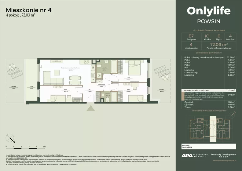 4 pokoje, mieszkanie 72,03 m², parter, oferta nr B7/4, Apartamenty Onlylife, Warszawa, Wilanów, Powsin, ul. Łukasza Drewny/Potułkały