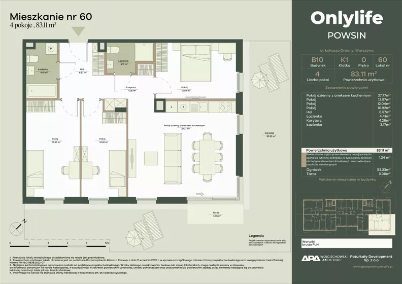 4 pokoje, mieszkanie 83,11 m², parter, oferta nr B10/60, Apartamenty Onlylife, Warszawa, Wilanów, Powsin, ul. Łukasze Drewny / Potukały