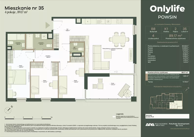 4 pokoje, mieszkanie 89,17 m², piętro 2, oferta nr B8/35, Apartamenty Onlylife, Warszawa, Wilanów, Powsin, ul. Łukasze Drewny / Potukały