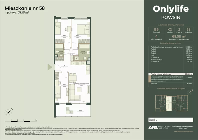 4 pokoje, mieszkanie 68,58 m², piętro 2, oferta nr B9/58, Apartamenty Onlylife, Warszawa, Wilanów, Powsin, ul. Łukasze Drewny / Potukały