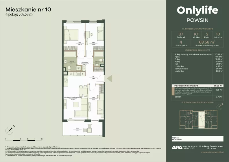 4 pokoje, mieszkanie 68,58 m², piętro 2, oferta nr B7/10, Apartamenty Onlylife, Warszawa, Wilanów, Powsin, ul. Łukasze Drewny / Potukały