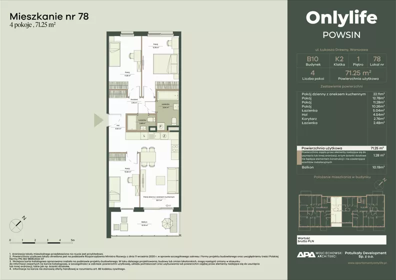 4 pokoje, mieszkanie 71,25 m², piętro 1, oferta nr B10/78, Apartamenty Onlylife, Warszawa, Wilanów, Powsin, ul. Łukasze Drewny / Potukały