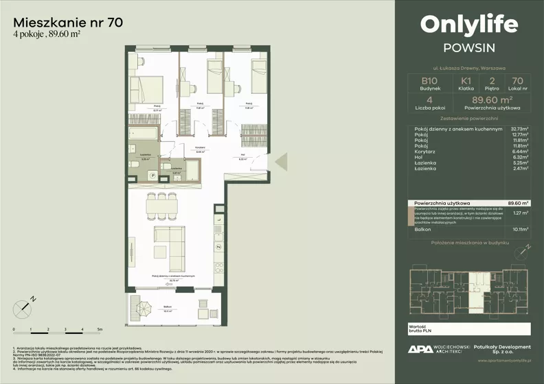 4 pokoje, mieszkanie 89,60 m², piętro 2, oferta nr B10/70, Apartamenty Onlylife, Warszawa, Wilanów, Powsin, ul. Łukasze Drewny / Potukały