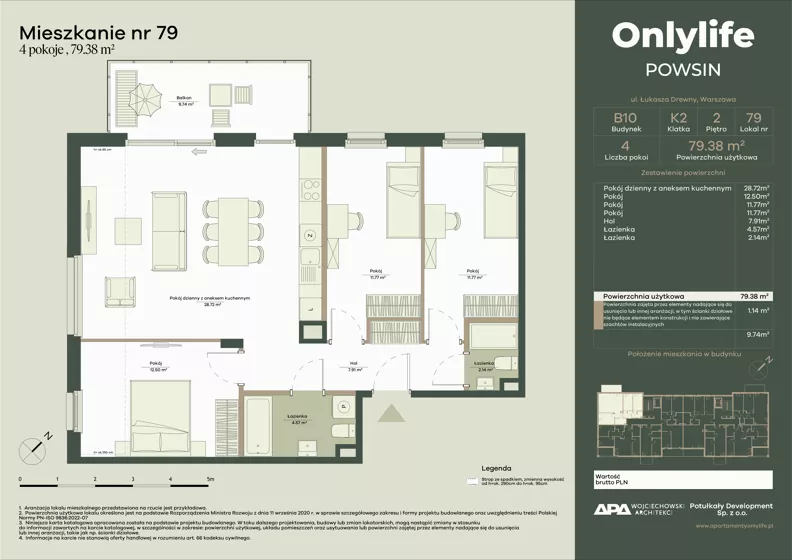 4 pokoje, mieszkanie 79,38 m², piętro 2, oferta nr B10/79, Apartamenty Onlylife, Warszawa, Wilanów, Powsin, ul. Łukasze Drewny / Potukały