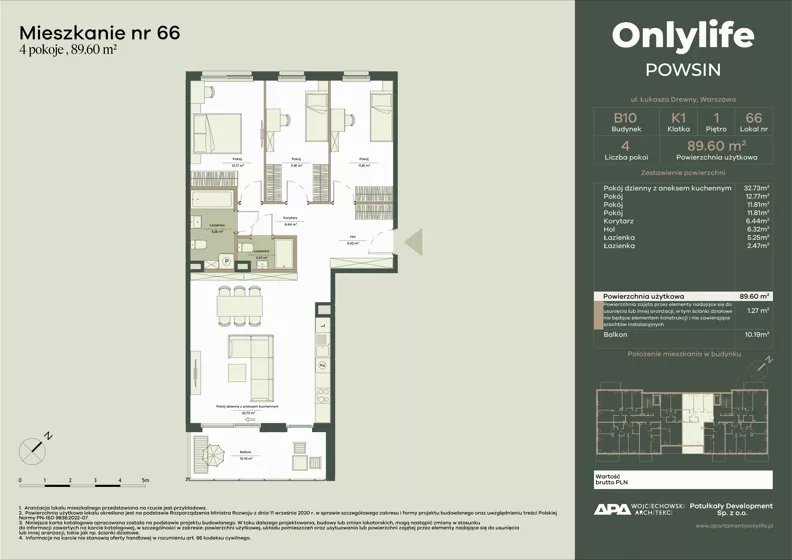 4 pokoje, mieszkanie 89,60 m², piętro 1, oferta nr B10/66, Apartamenty Onlylife, Warszawa, Wilanów, Powsin, ul. Łukasze Drewny / Potukały