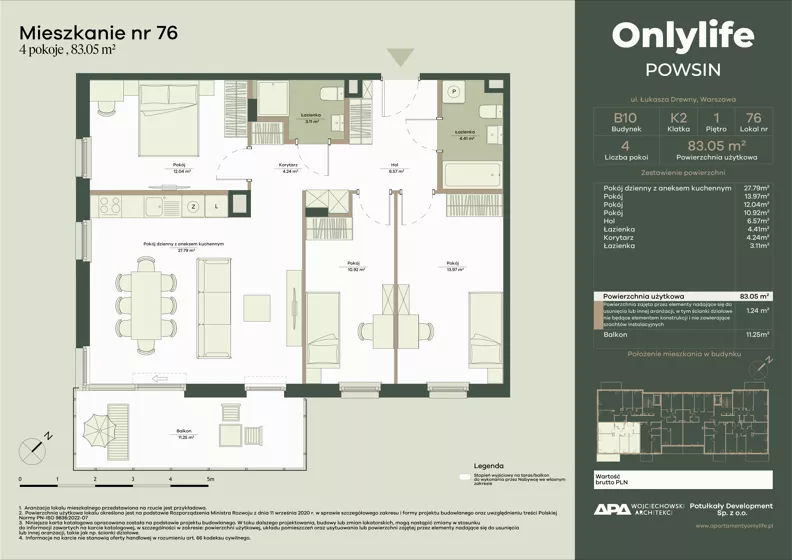 4 pokoje, mieszkanie 83,05 m², piętro 1, oferta nr B10/76, Apartamenty Onlylife, Warszawa, Wilanów, Powsin, ul. Łukasze Drewny / Potukały
