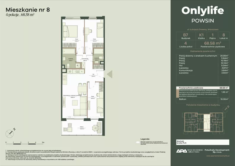 4 pokoje, mieszkanie 68,58 m², piętro 1, oferta nr B7/8, Apartamenty Onlylife, Warszawa, Wilanów, Powsin, ul. Łukasze Drewny / Potukały