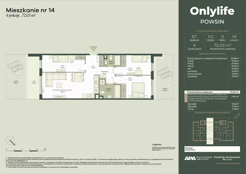 4 pokoje, mieszkanie 72,04 m², parter, oferta nr B7/14, Apartamenty Onlylife, Warszawa, Wilanów, Powsin, ul. Łukasze Drewny / Potukały