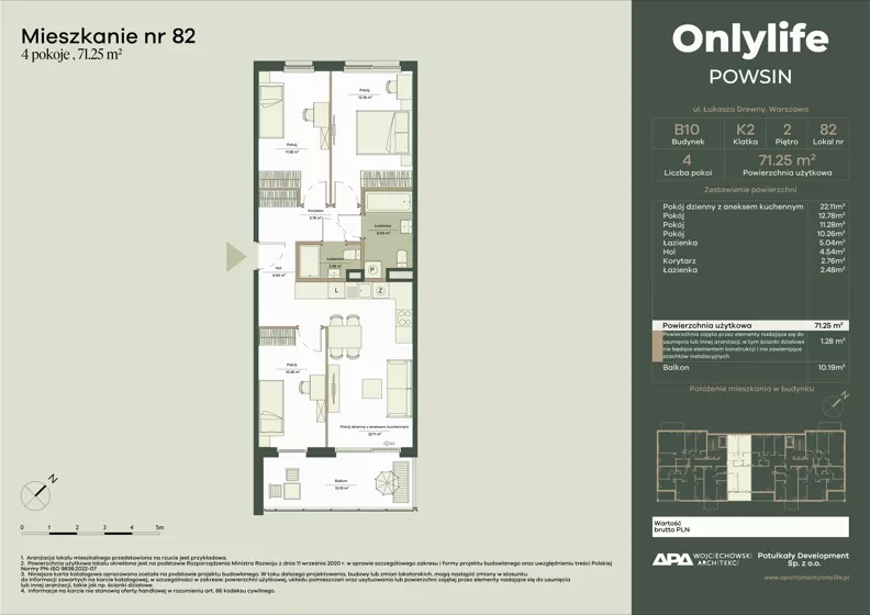 4 pokoje, mieszkanie 71,25 m², piętro 2, oferta nr B10/82, Apartamenty Onlylife, Warszawa, Wilanów, Powsin, ul. Łukasze Drewny / Potukały