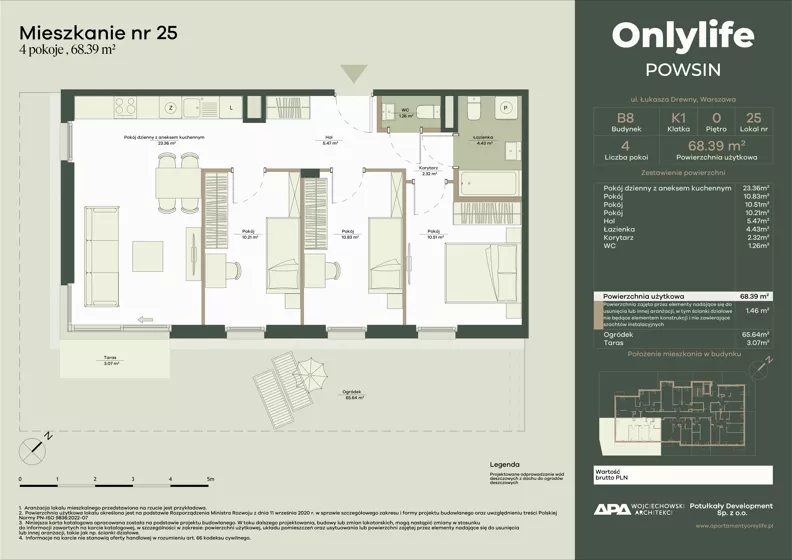 4 pokoje, mieszkanie 68,39 m², parter, oferta nr B8/25, Apartamenty Onlylife, Warszawa, Wilanów, Powsin, ul. Łukasze Drewny / Potukały