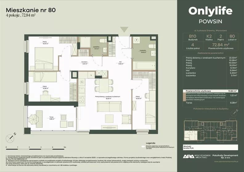 4 pokoje, mieszkanie 72,84 m², piętro 2, oferta nr B10/80, Apartamenty Onlylife, Warszawa, Wilanów, Powsin, ul. Łukasze Drewny / Potukały