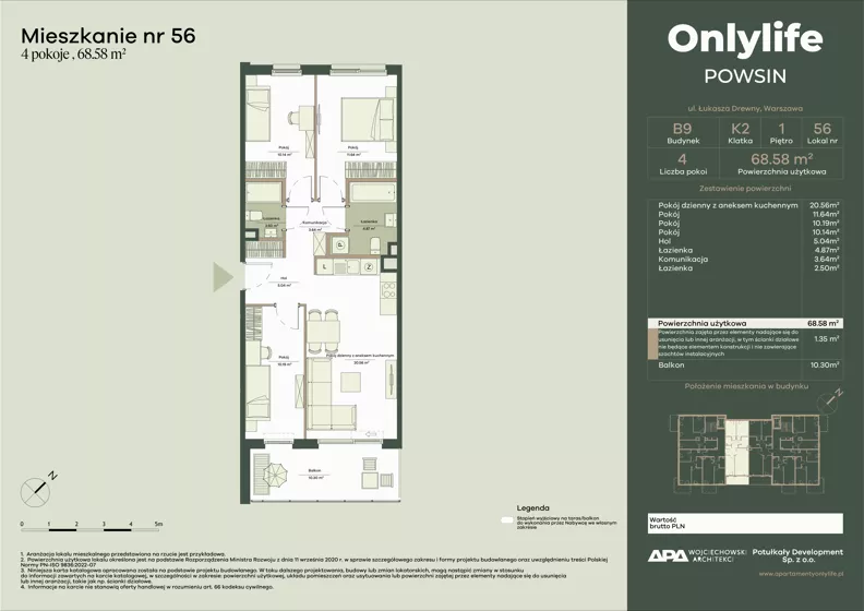 4 pokoje, mieszkanie 68,59 m², piętro 1, oferta nr B9/56, Apartamenty Onlylife, Warszawa, Wilanów, Powsin, ul. Łukasze Drewny / Potukały
