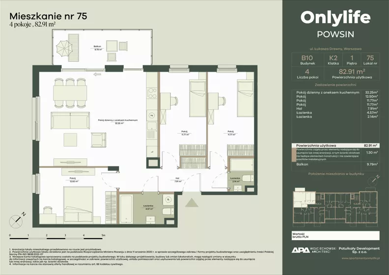 4 pokoje, mieszkanie 82,91 m², piętro 1, oferta nr B10/75, Apartamenty Onlylife, Warszawa, Wilanów, Powsin, ul. Łukasze Drewny / Potukały