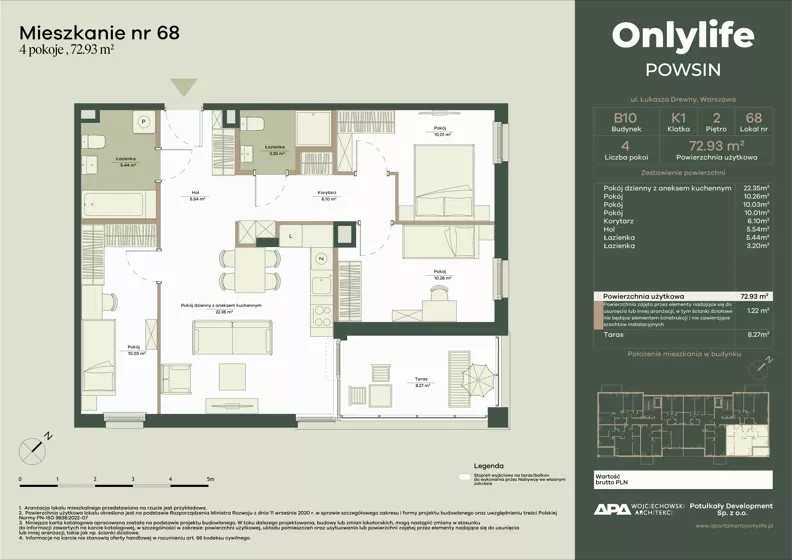 4 pokoje, mieszkanie 72,93 m², piętro 2, oferta nr B10/68, Apartamenty Onlylife, Warszawa, Wilanów, Powsin, ul. Łukasze Drewny / Potukały