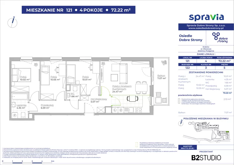 4 pokoje, mieszkanie 72,22 m², piętro 5, oferta nr 122/121, Dobre Strony, Kraków, Dębniki, Borek Fałęcki, ul. Obozowa