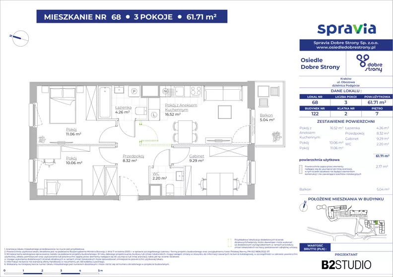 4 pokoje, mieszkanie 61,71 m², piętro 7, oferta nr 122/68, Dobre Strony, Kraków, Dębniki, Borek Fałęcki, ul. Obozowa
