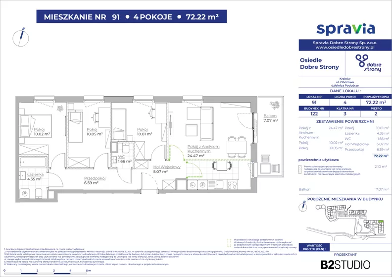 4 pokoje, mieszkanie 72,22 m², piętro 2, oferta nr 122/91, Dobre Strony, Kraków, Dębniki, Borek Fałęcki, ul. Obozowa