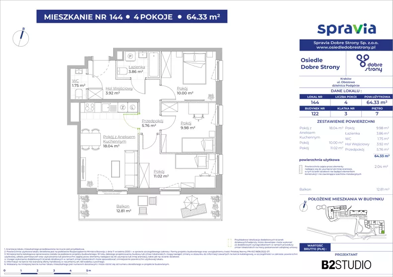 4 pokoje, mieszkanie 64,33 m², piętro 7, oferta nr 122/144, Dobre Strony, Kraków, Dębniki, Borek Fałęcki, ul. Obozowa