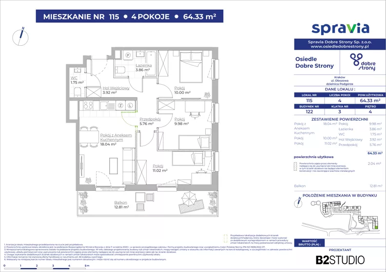 4 pokoje, mieszkanie 64,33 m², piętro 4, oferta nr 122/115, Dobre Strony, Kraków, Dębniki, Borek Fałęcki, ul. Obozowa