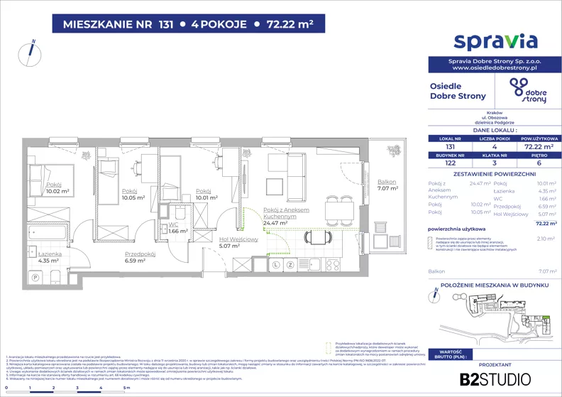 4 pokoje, mieszkanie 72,22 m², piętro 6, oferta nr 122/131, Dobre Strony, Kraków, Dębniki, Borek Fałęcki, ul. Obozowa