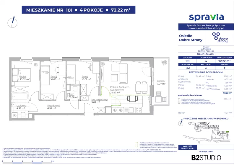 4 pokoje, mieszkanie 72,22 m², piętro 3, oferta nr 122/101, Dobre Strony, Kraków, Dębniki, Borek Fałęcki, ul. Obozowa