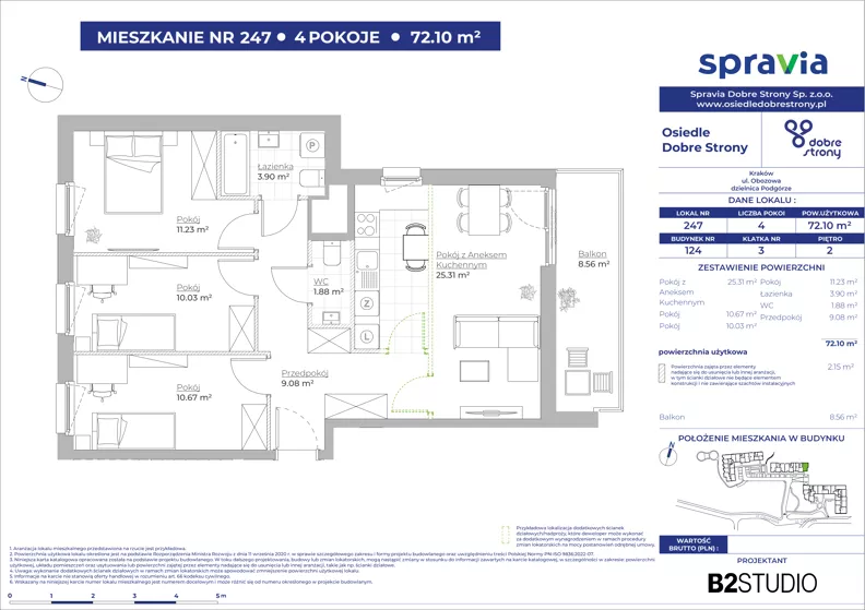 4 pokoje, mieszkanie 72,10 m², piętro 2, oferta nr 124/247, Dobre Strony, Kraków, Dębniki, Borek Fałęcki, ul. Obozowa