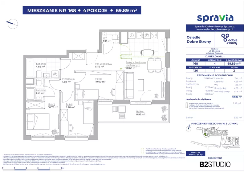 4 pokoje, mieszkanie 69,89 m², piętro 2, oferta nr 126/168, Dobre Strony, Kraków, Dębniki, Borek Fałęcki, ul. Obozowa
