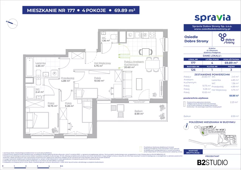 4 pokoje, mieszkanie 69,89 m², piętro 3, oferta nr 126/177, Dobre Strony, Kraków, Dębniki, Borek Fałęcki, ul. Obozowa
