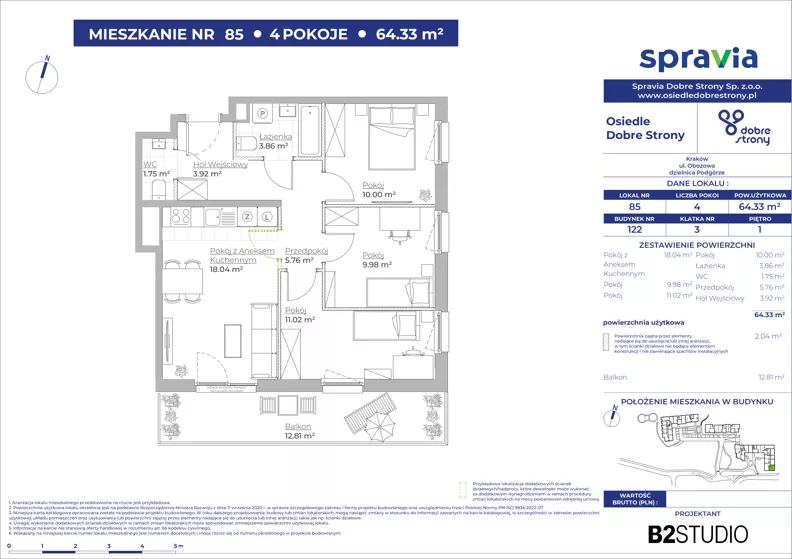 4 pokoje, mieszkanie 64,33 m², piętro 1, oferta nr 122/85, Dobre Strony, Kraków, Dębniki, Borek Fałęcki, ul. Obozowa