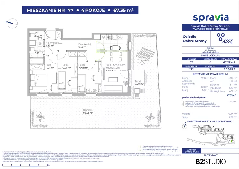 4 pokoje, mieszkanie 67,35 m², parter, oferta nr 122/77, Dobre Strony, Kraków, Dębniki, Borek Fałęcki, ul. Obozowa
