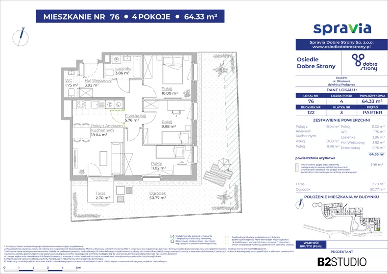 4 pokoje, mieszkanie 64,33 m², parter, oferta nr 122/76, Dobre Strony, Kraków, Dębniki, Borek Fałęcki, ul. Obozowa