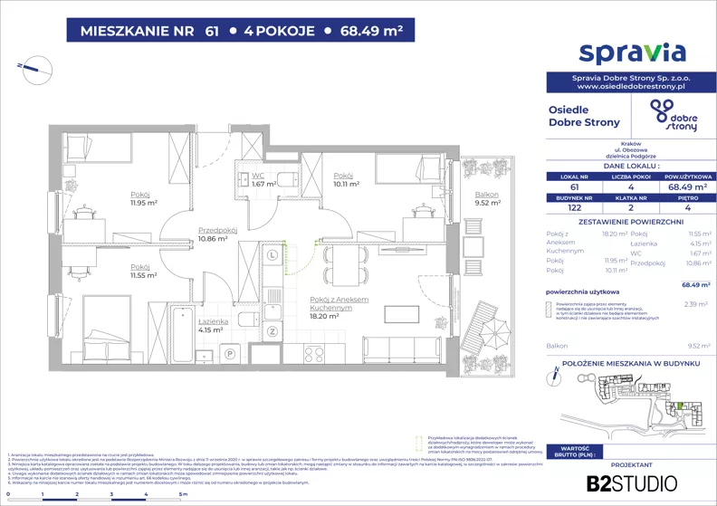 4 pokoje, mieszkanie 68,49 m², piętro 4, oferta nr 122/61, Dobre Strony, Kraków, Dębniki, Borek Fałęcki, ul. Obozowa