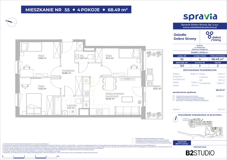 4 pokoje, mieszkanie 68,49 m², piętro 2, oferta nr 122/55, Dobre Strony, Kraków, Dębniki, Borek Fałęcki, ul. Obozowa