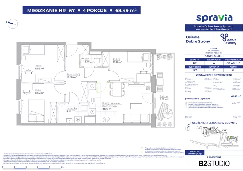 4 pokoje, mieszkanie 68,49 m², piętro 6, oferta nr 122/67, Dobre Strony, Kraków, Dębniki, Borek Fałęcki, ul. Obozowa