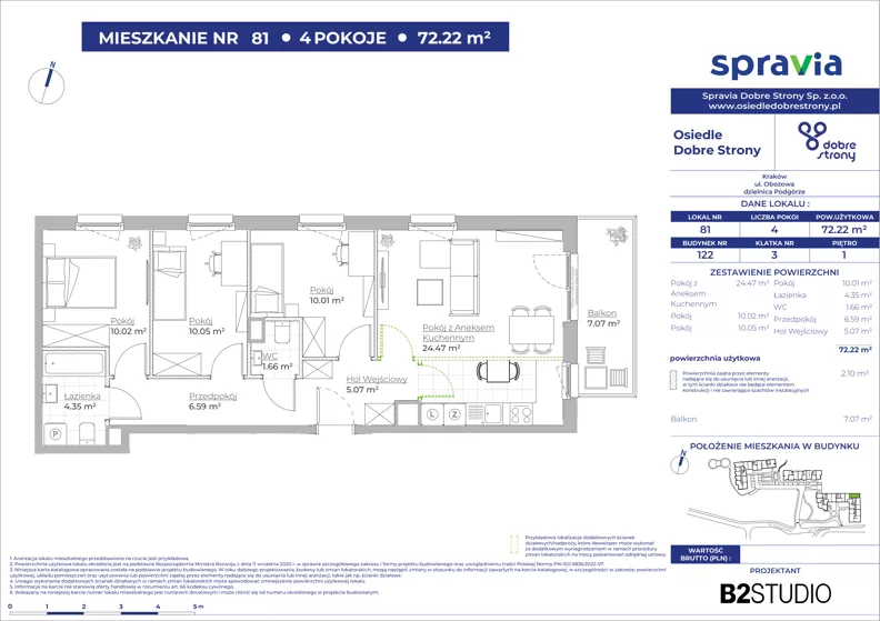 4 pokoje, mieszkanie 72,22 m², piętro 1, oferta nr 122/81, Dobre Strony, Kraków, Dębniki, Borek Fałęcki, ul. Obozowa