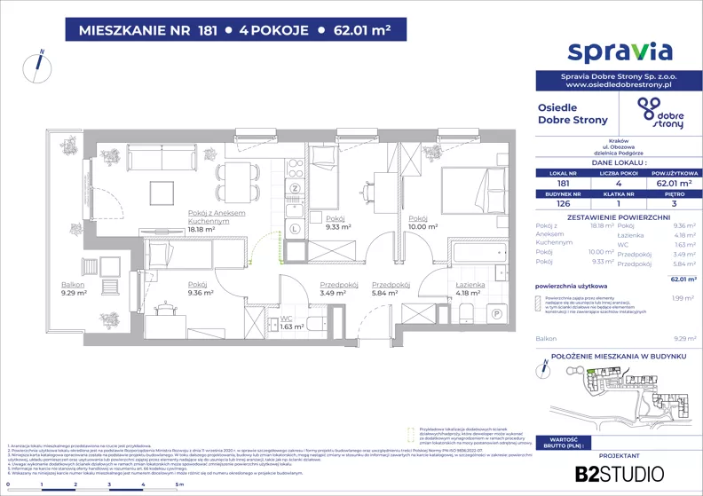 4 pokoje, mieszkanie 62,01 m², piętro 3, oferta nr 126/181, Dobre Strony, Kraków, Dębniki, Borek Fałęcki, ul. Obozowa