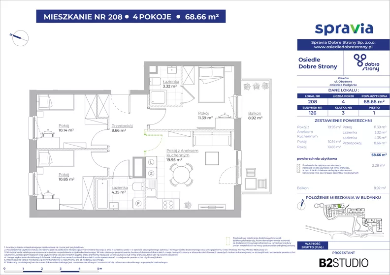 4 pokoje, mieszkanie 68,66 m², piętro 1, oferta nr 126/208, Dobre Strony, Kraków, Dębniki, Borek Fałęcki, ul. Obozowa