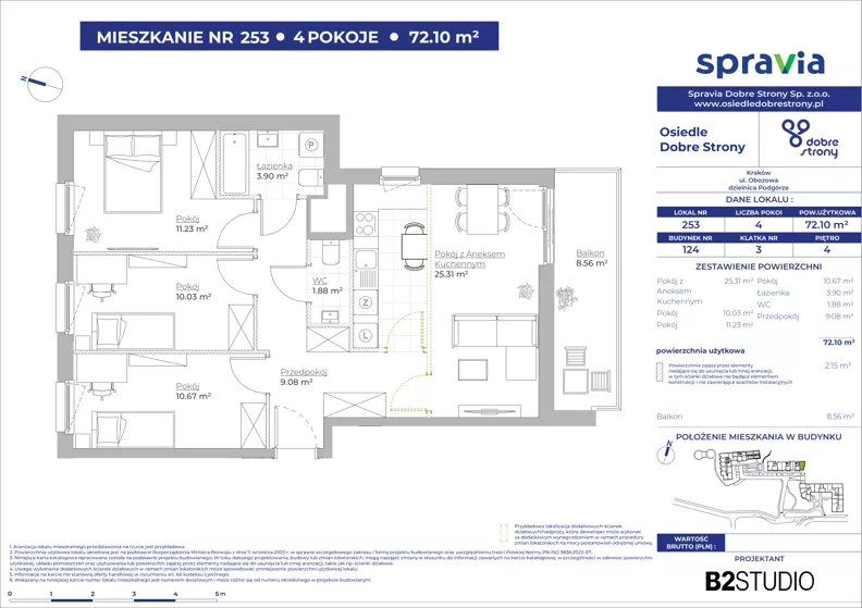 4 pokoje, mieszkanie 72,10 m², piętro 4, oferta nr 124/253, Dobre Strony, Kraków, Dębniki, Borek Fałęcki, ul. Obozowa