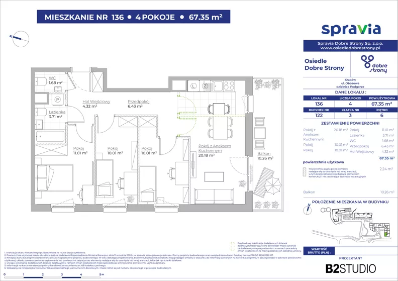 4 pokoje, mieszkanie 67,35 m², piętro 6, oferta nr 122/136, Dobre Strony, Kraków, Dębniki, Borek Fałęcki, ul. Obozowa