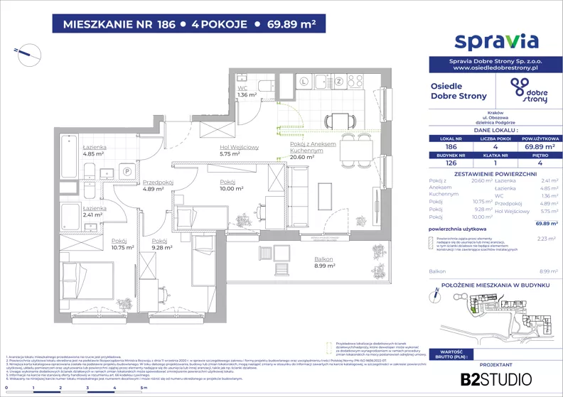 4 pokoje, mieszkanie 69,89 m², piętro 4, oferta nr 126/186, Dobre Strony, Kraków, Dębniki, Borek Fałęcki, ul. Obozowa