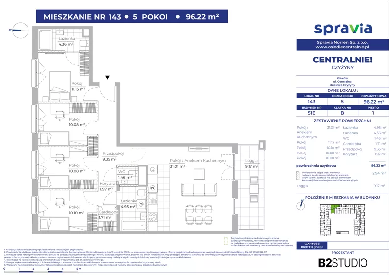 5 pokoi, mieszkanie 96,22 m², piętro 1, oferta nr 51E/143, Osiedle Centralnie!, Kraków, Czyżyny, Łęg, ul. Centralna 51D, 51E