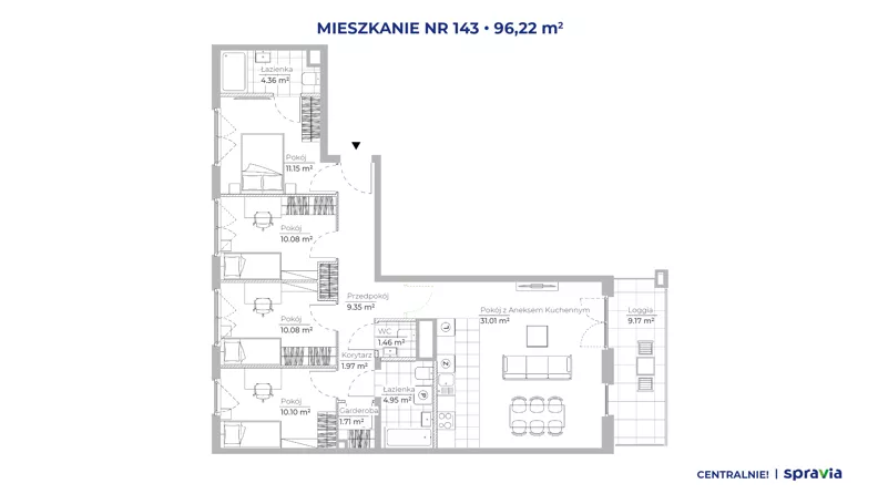 5 pokoi, mieszkanie 96,22 m², piętro 1, oferta nr 51E/143, Osiedle Centralnie!, Kraków, Czyżyny, Łęg, ul. Centralna 51D, 51E