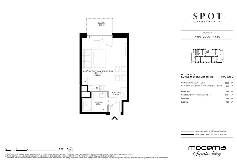 1 pokój, mieszkanie 27,85 m², piętro 2, oferta nr B.2.9, SPOT, Sopot, Świemirowo, ul. Aleja Niepodległości 635/637