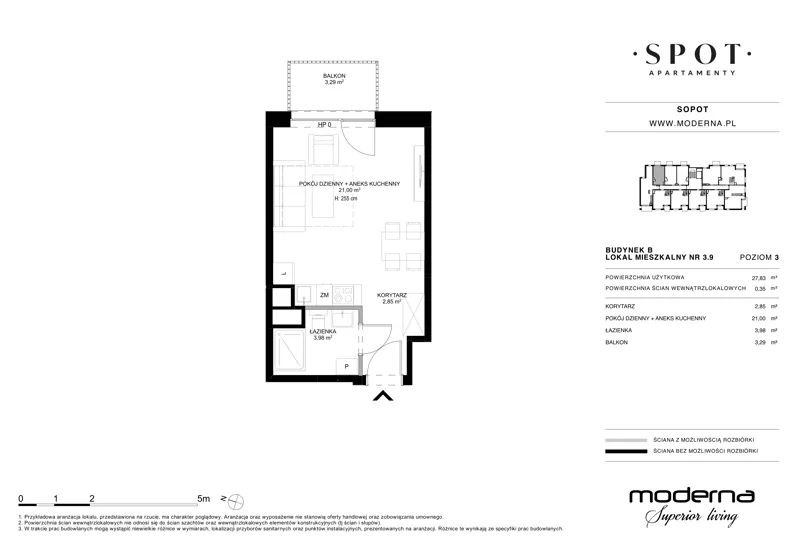 1 pokój, mieszkanie 27,83 m², piętro 3, oferta nr B.3.9, SPOT, Sopot, Świemirowo, ul. Aleja Niepodległości 635/637